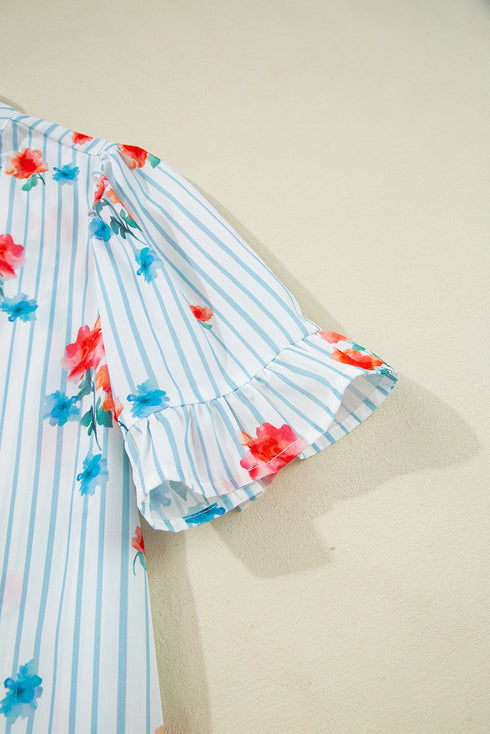 Playful Print Mix Ruffle Sleeve Tie Waist V Neck Mini Dress